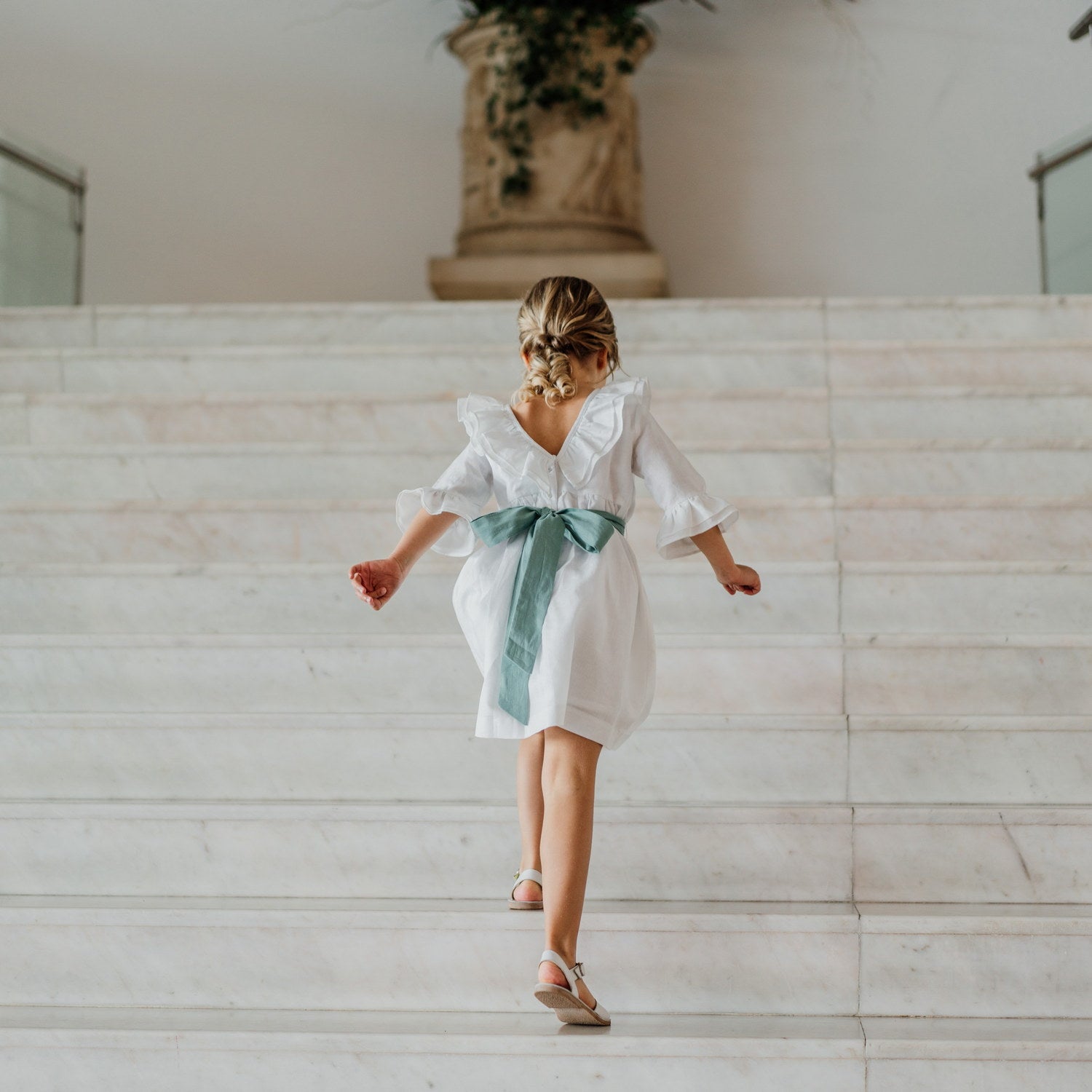 Girl White Linen Dress with Green Sash