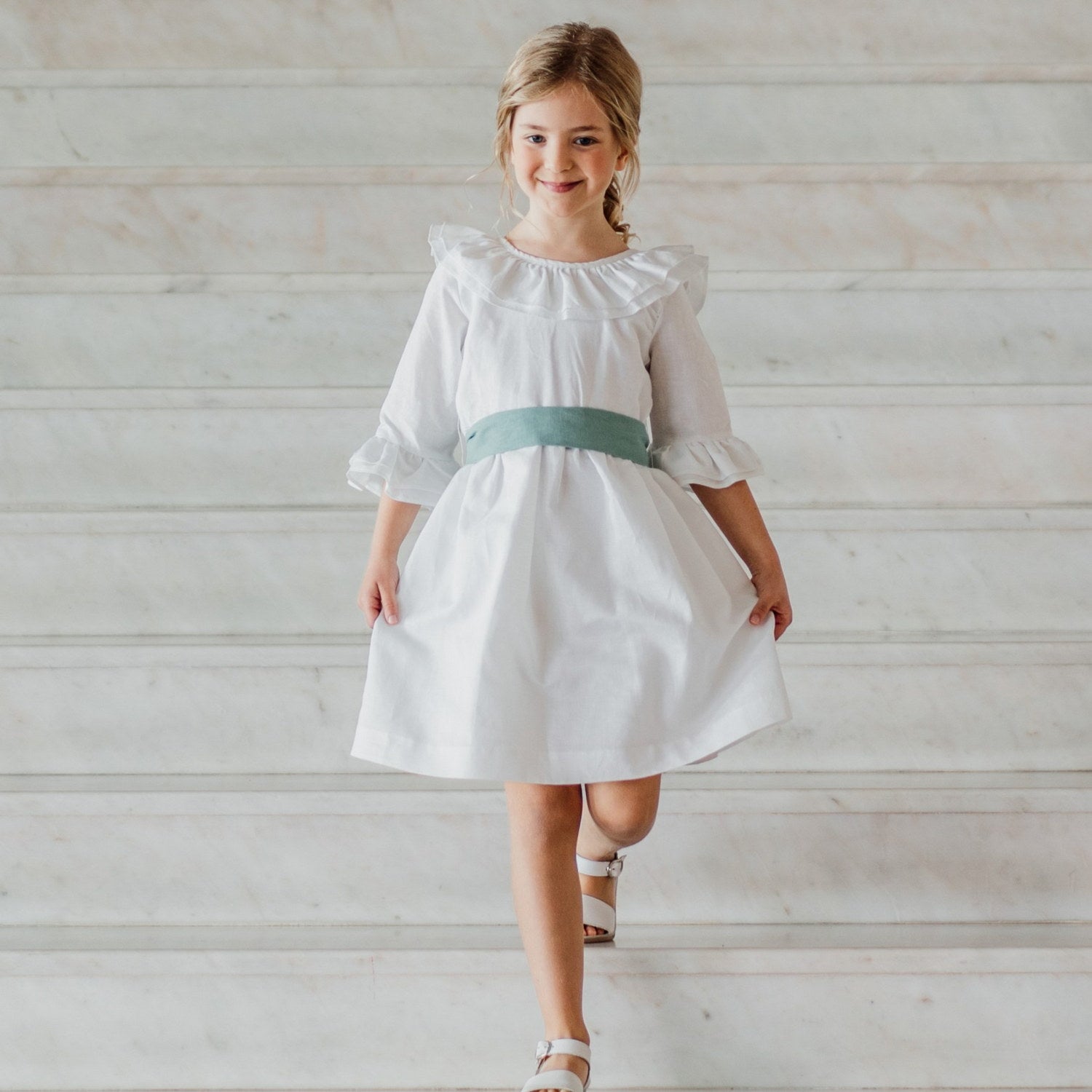 Girl White Linen Dress with Green Sash