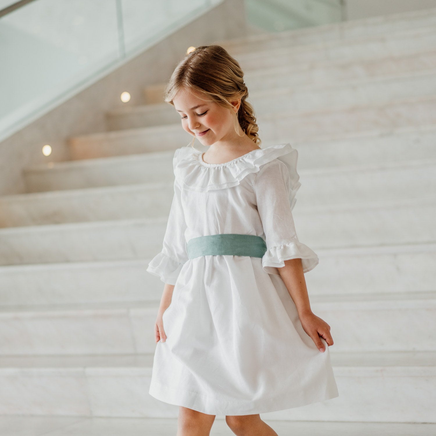 Girl White Linen Dress with Green Sash