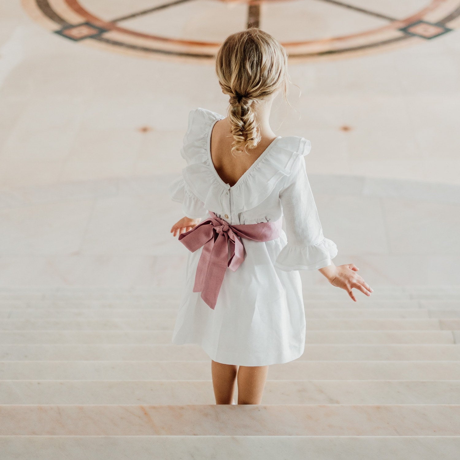 Girl White Linen Dress with Pink Sash