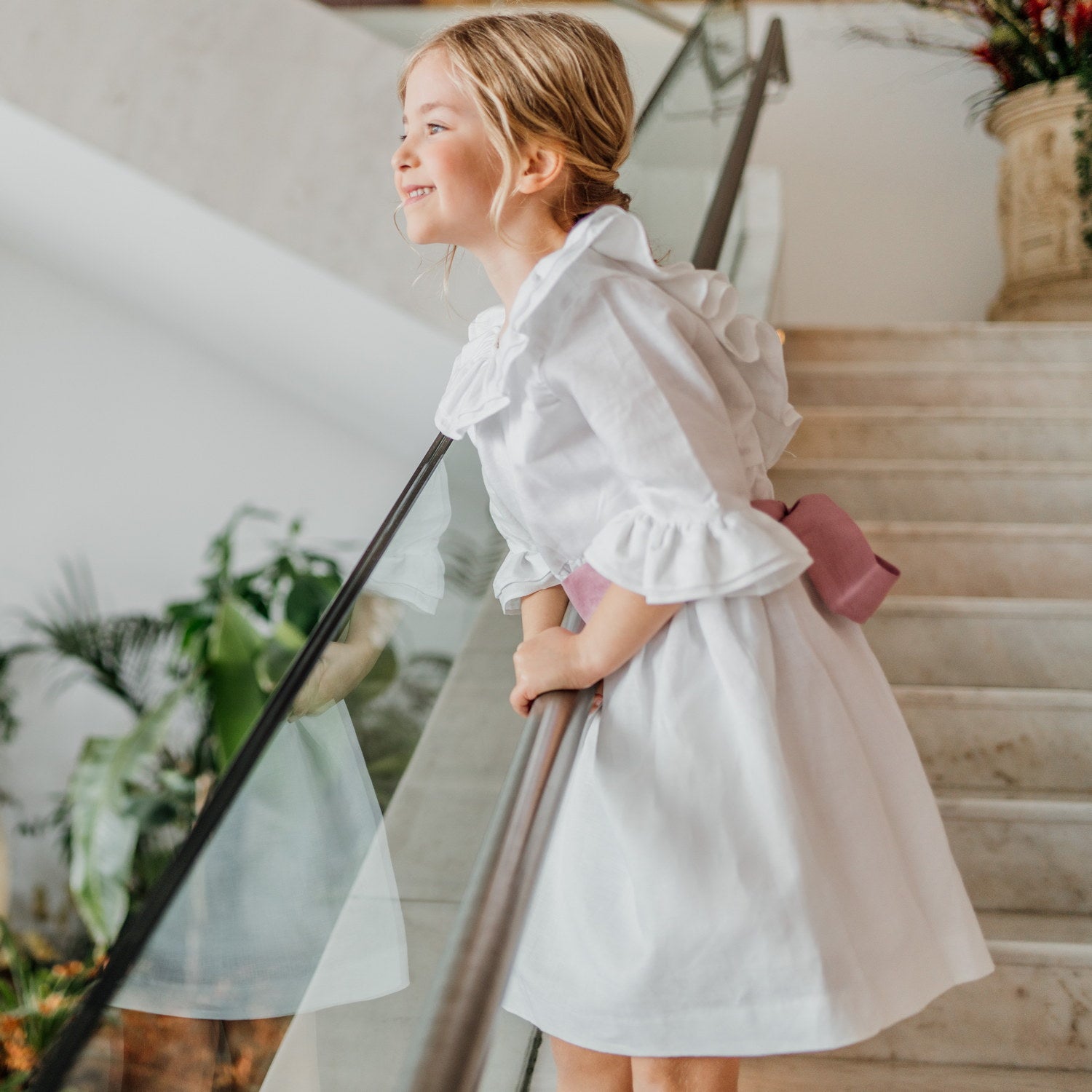 Girl White Linen Dress with Pink Sash