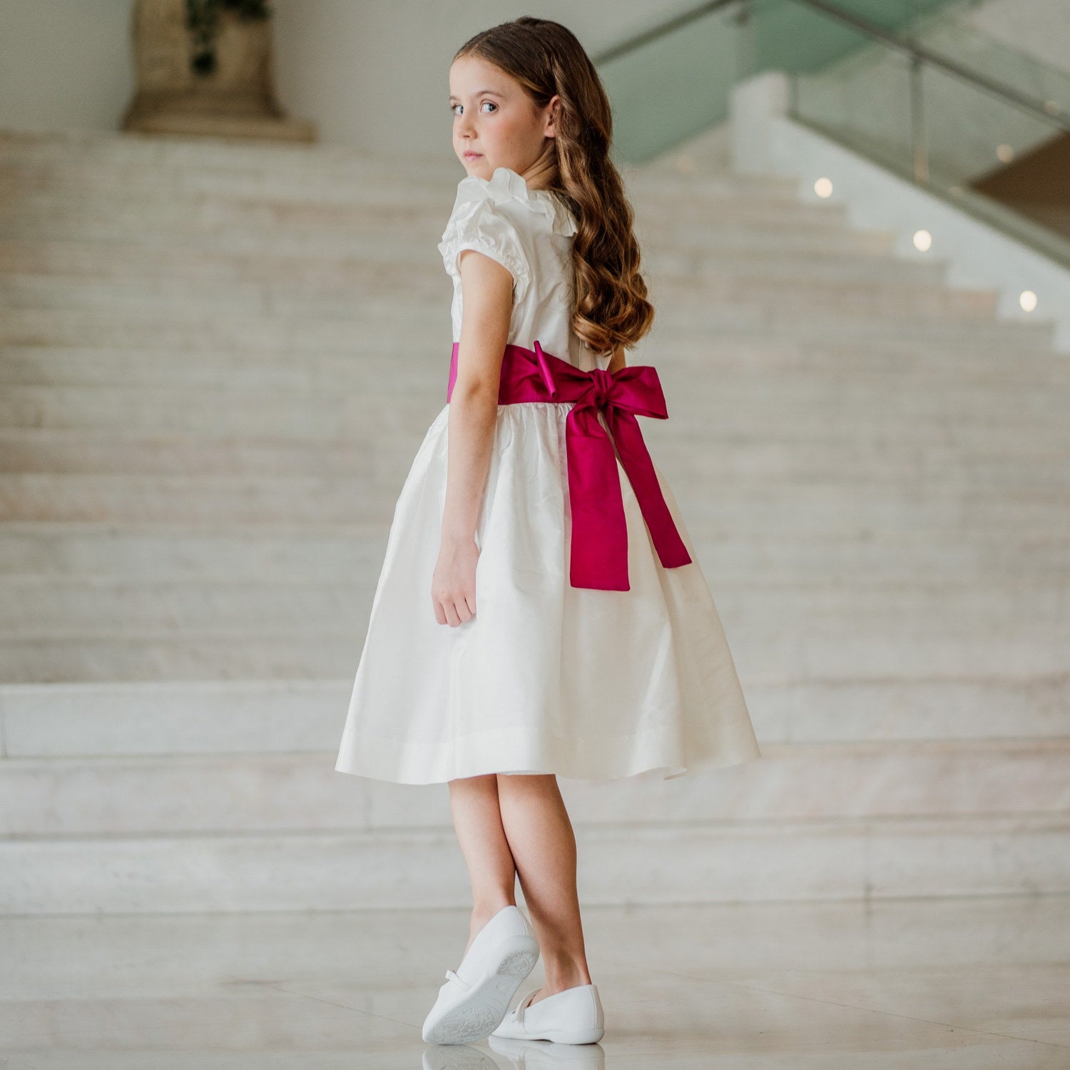 Flower Girl White Silk Dress Hot Pink Sash