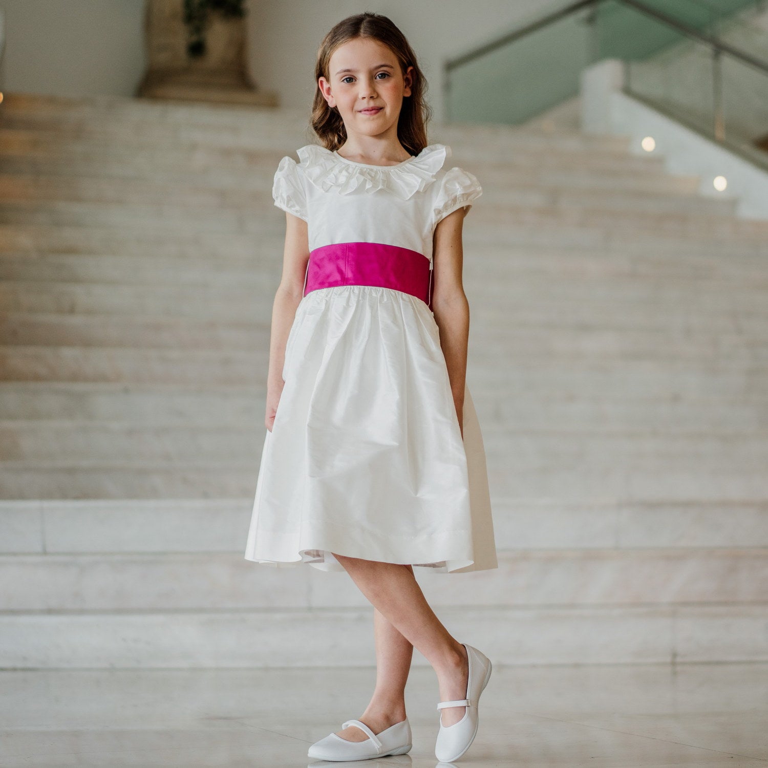 Flower Girl White Silk Dress Hot Pink Sash