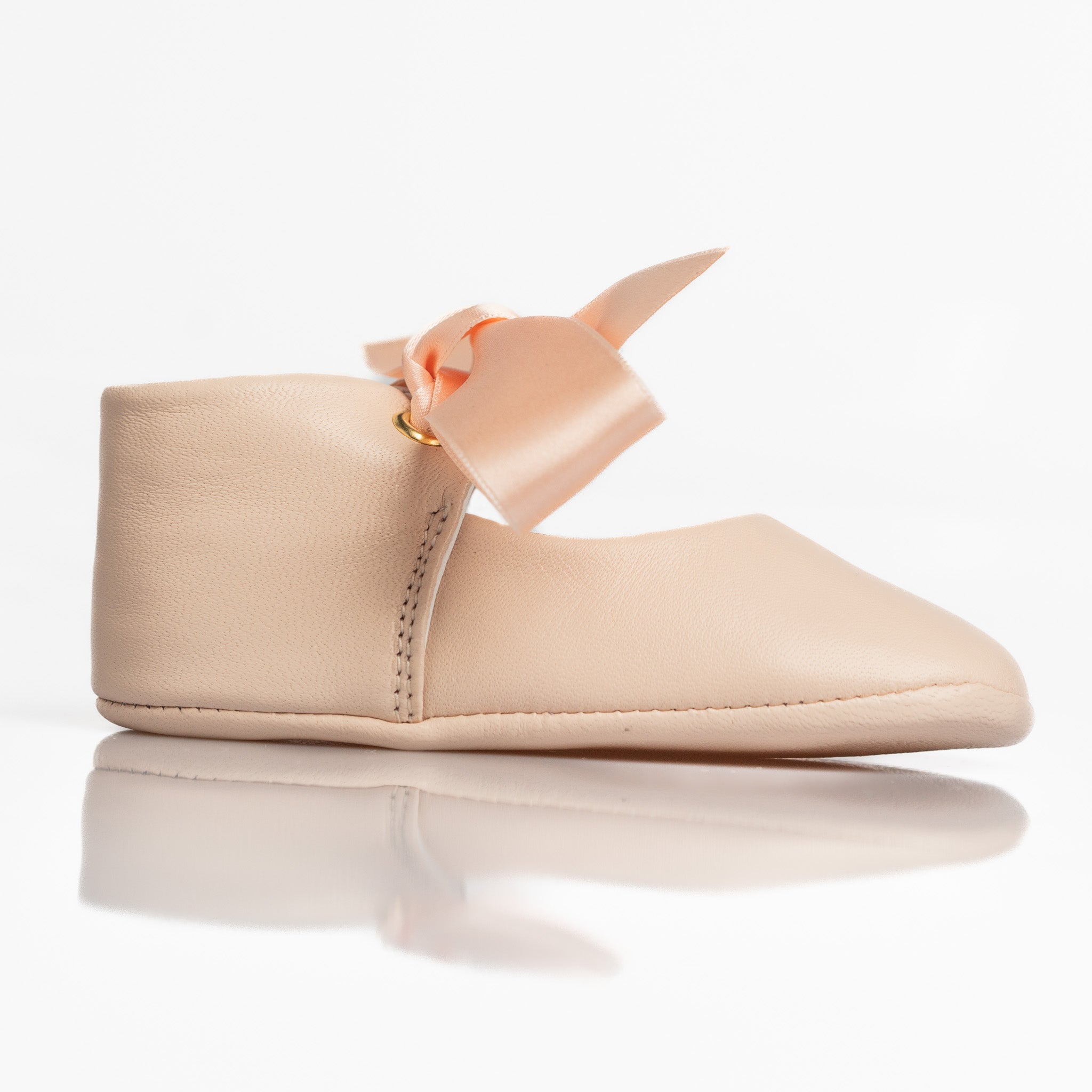 Baby Blush Pink Leather Mary Jane Pram Shoes with Satin Bow
