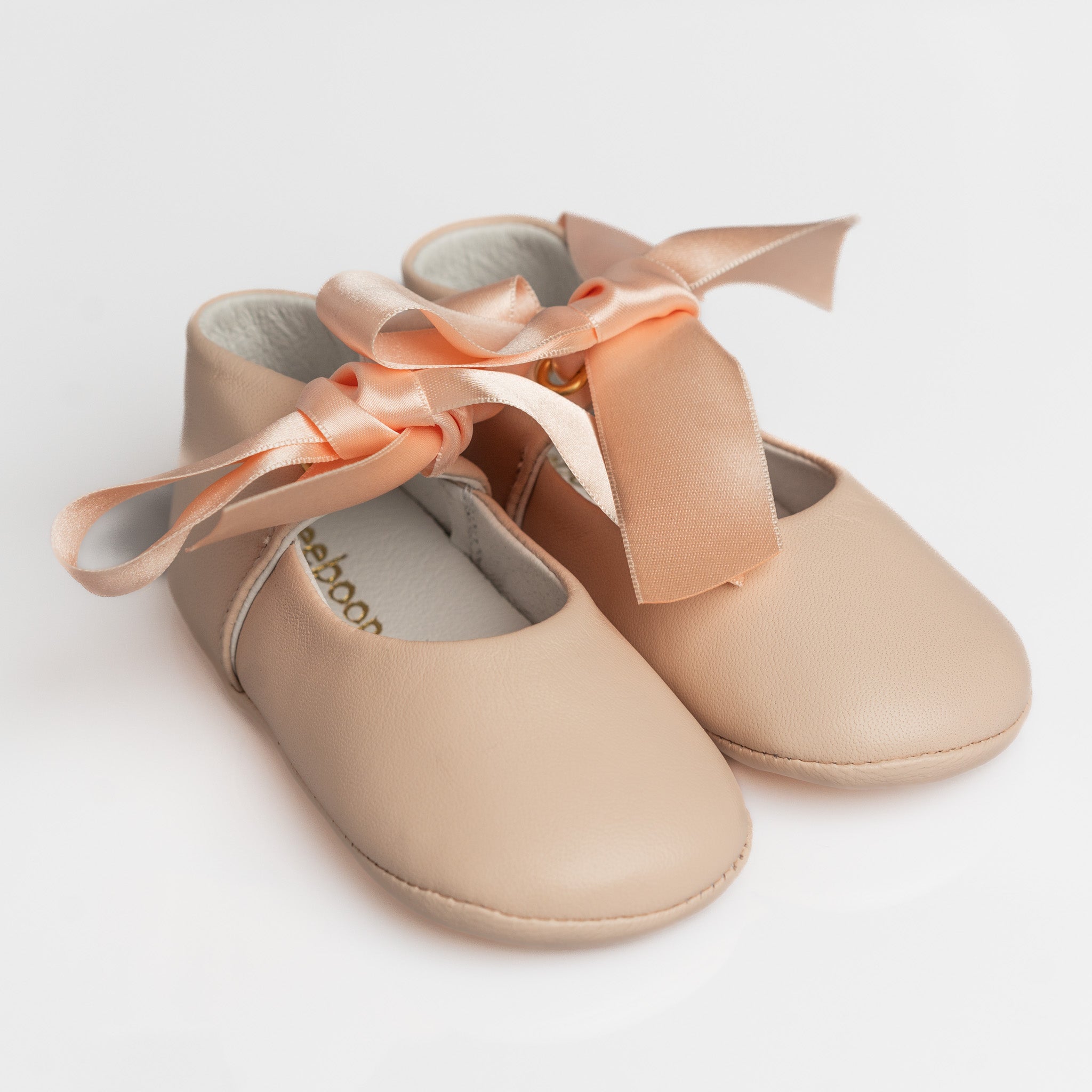 Baby Blush Pink Leather Mary Jane Pram Shoes with Satin Bow
