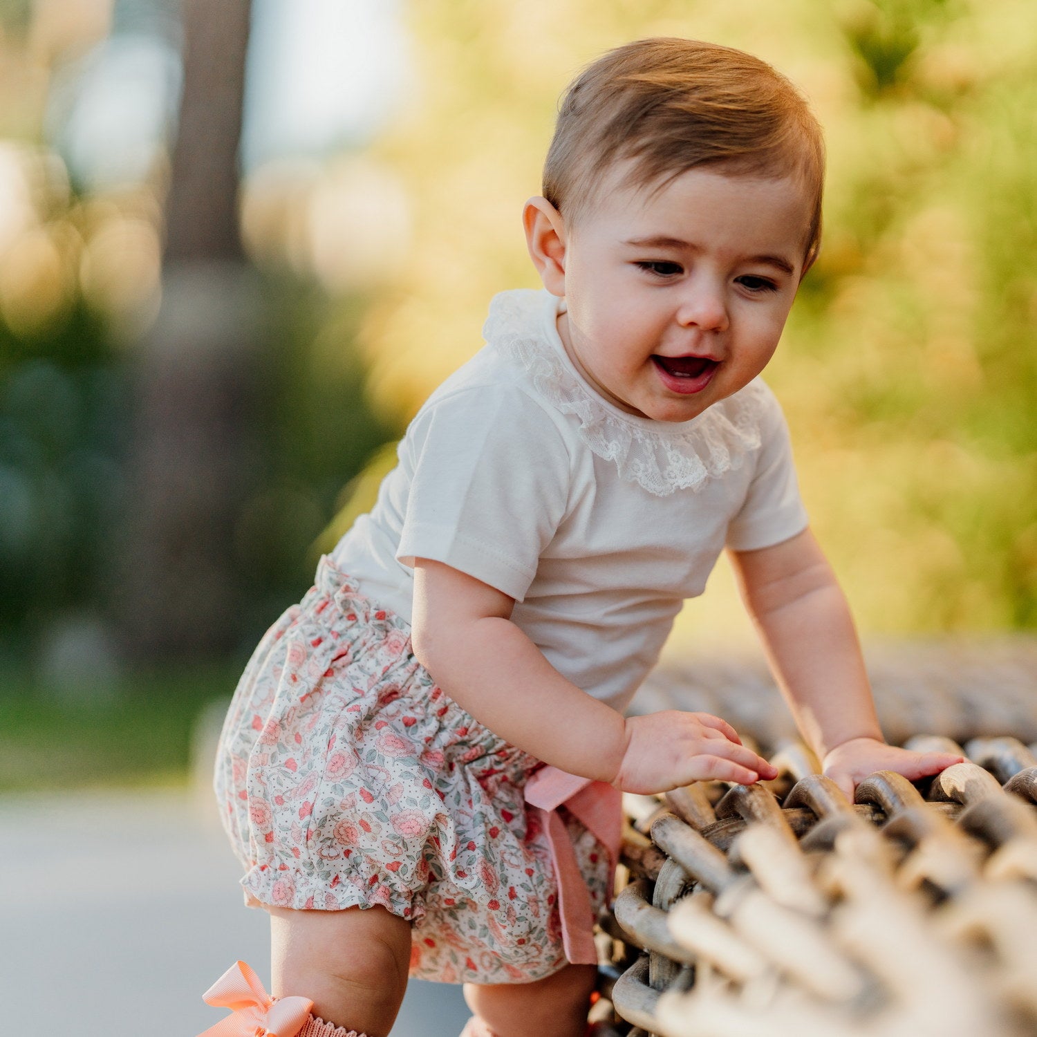 Baby Salmon Sage Floral Linen Bloomers with Bow