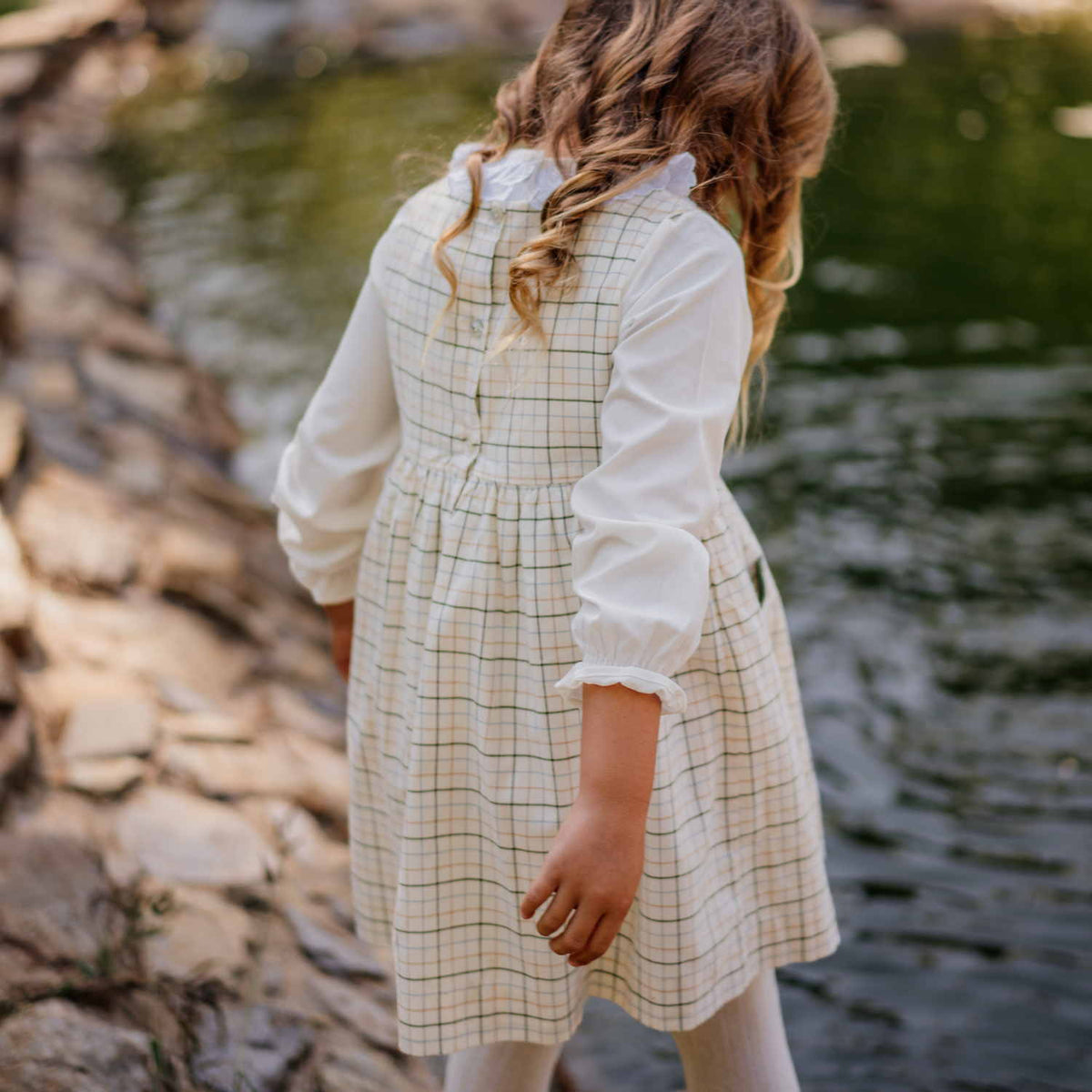 Girl Beige Check Pinafore Dress
