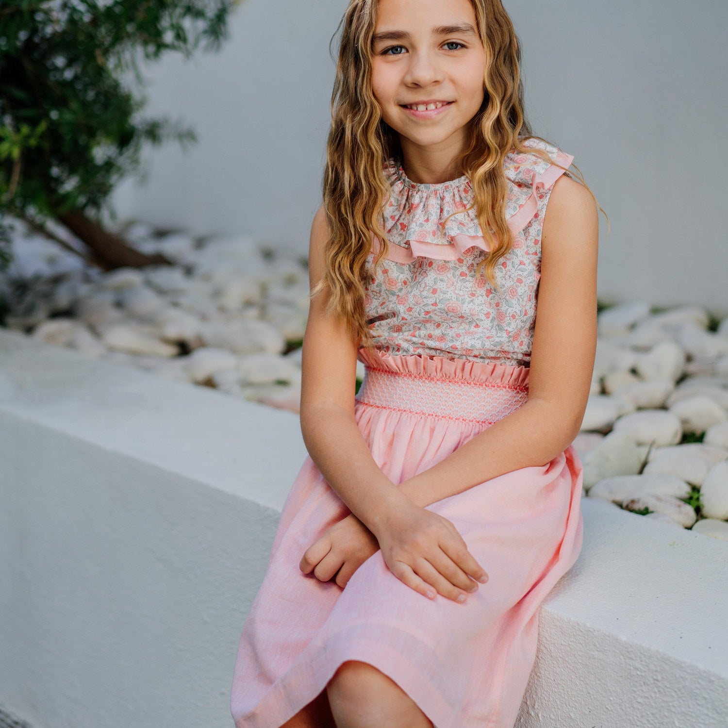 Girl Apricot Sand Linen Hand Smocked Skirt