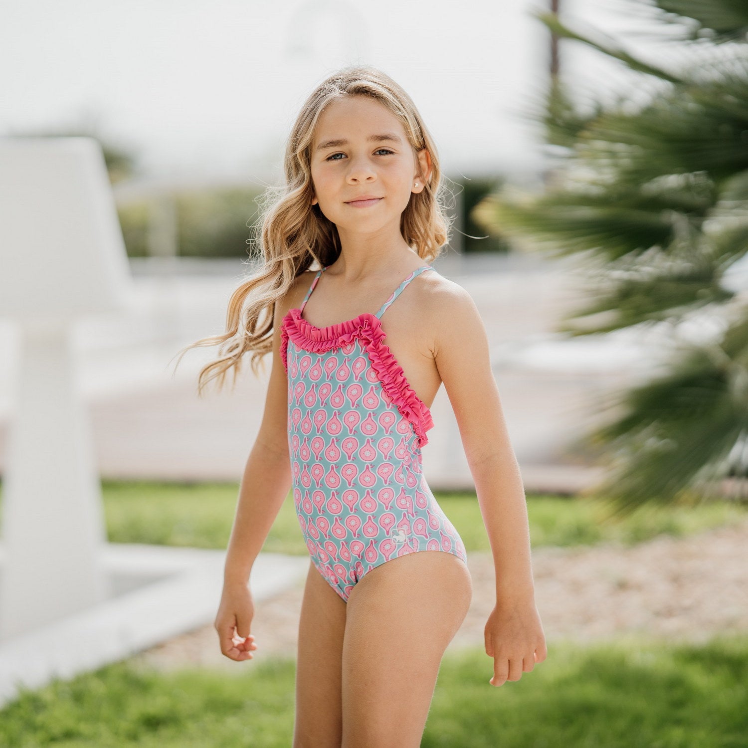 Girl Pink Pears Double Frill Collar Swimsuit
