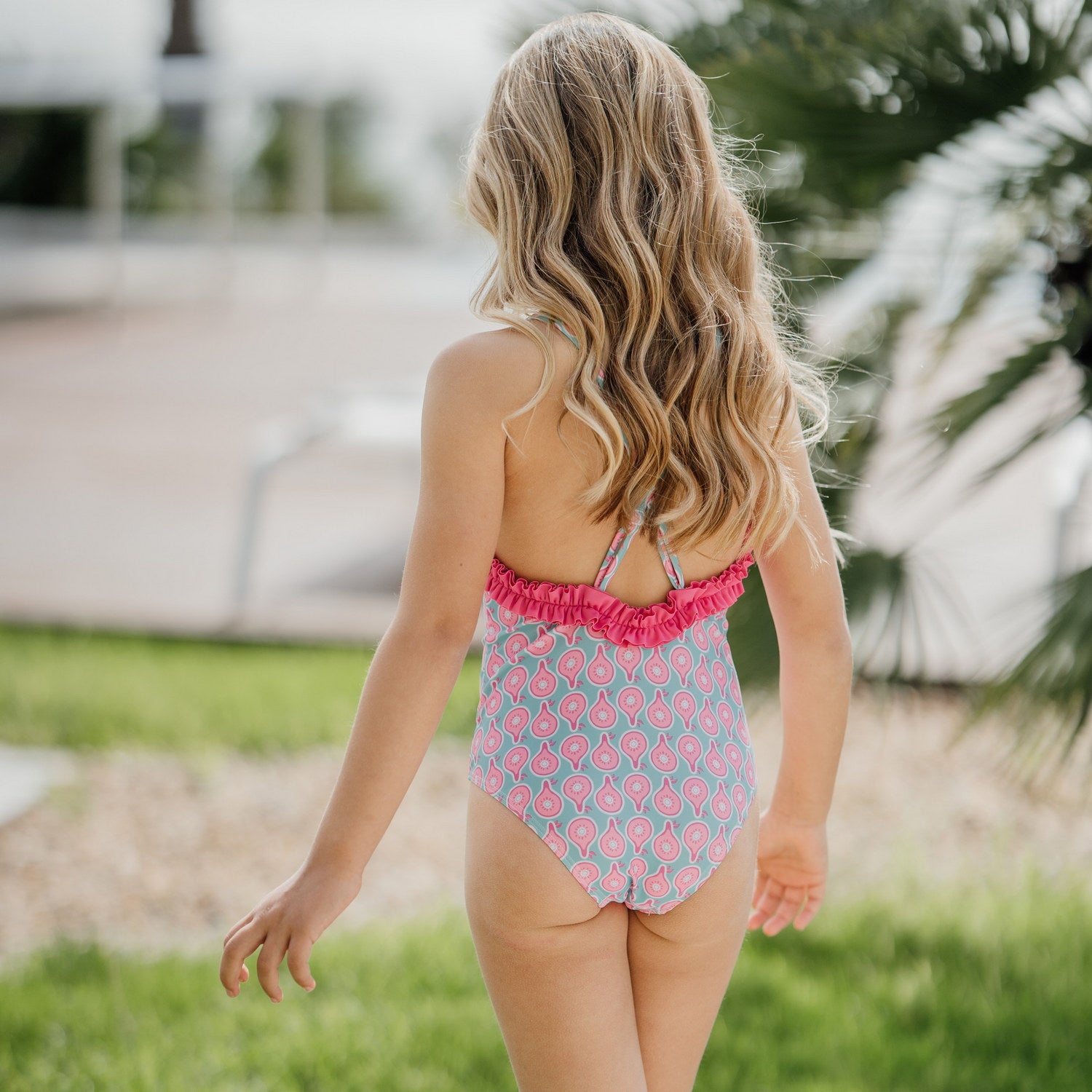 Girl Pink Pears Double Frill Collar Swimsuit
