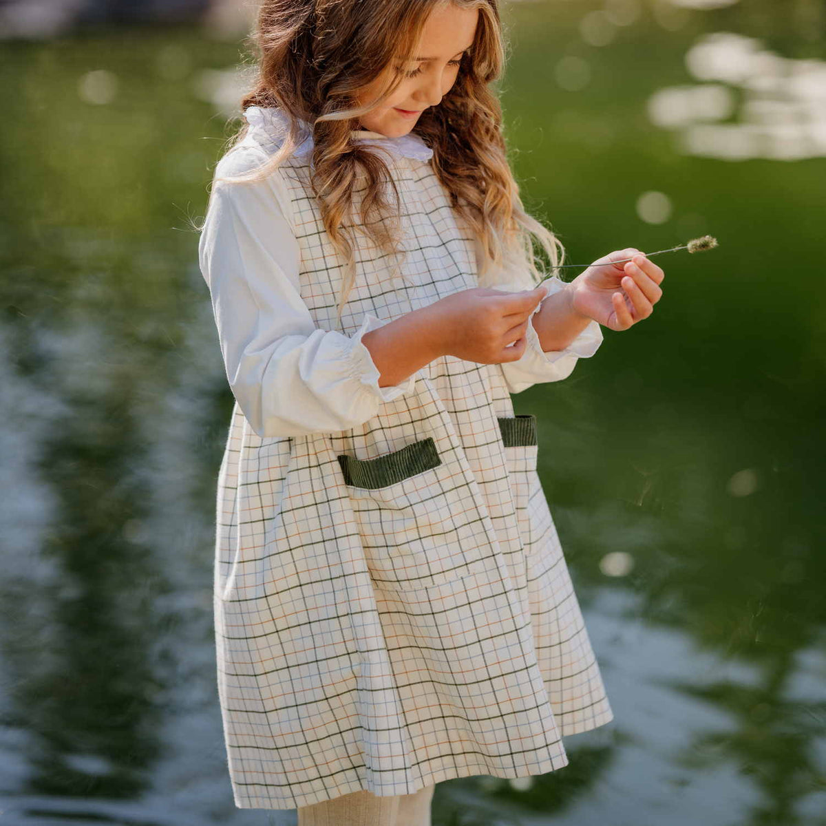 Girl Beige Check Pinafore Dress