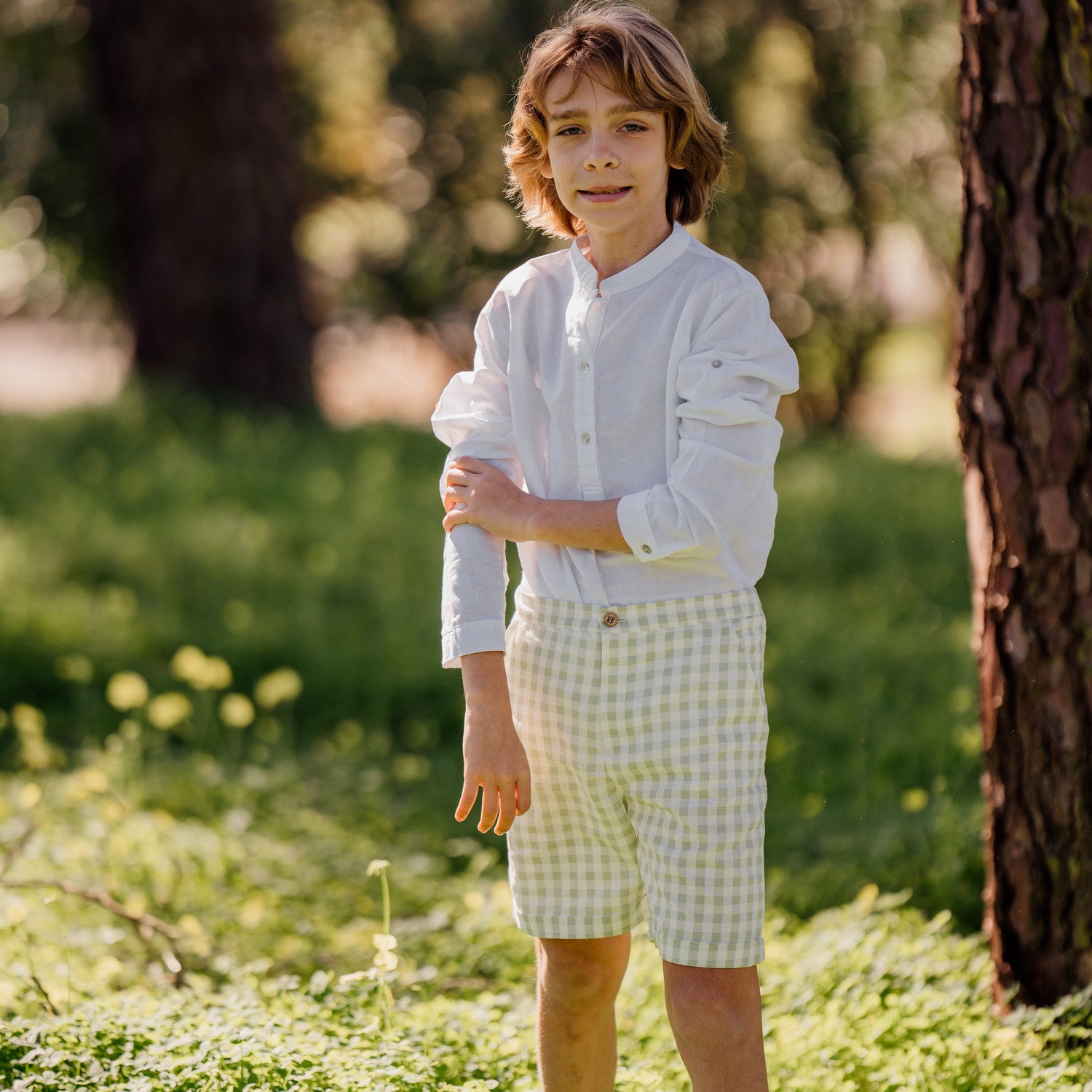 Boy Sage Gingham Linen Shorts