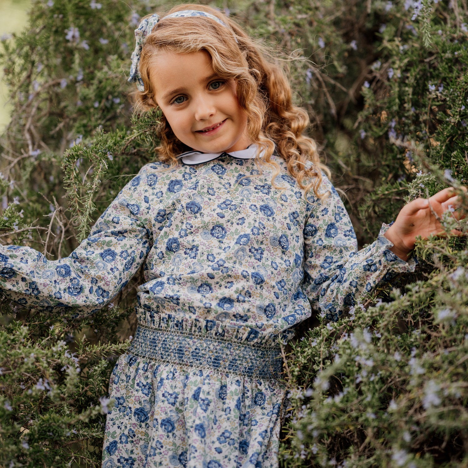 Girl Felicite Blue Liberty Hand Smocked Waist Skirt