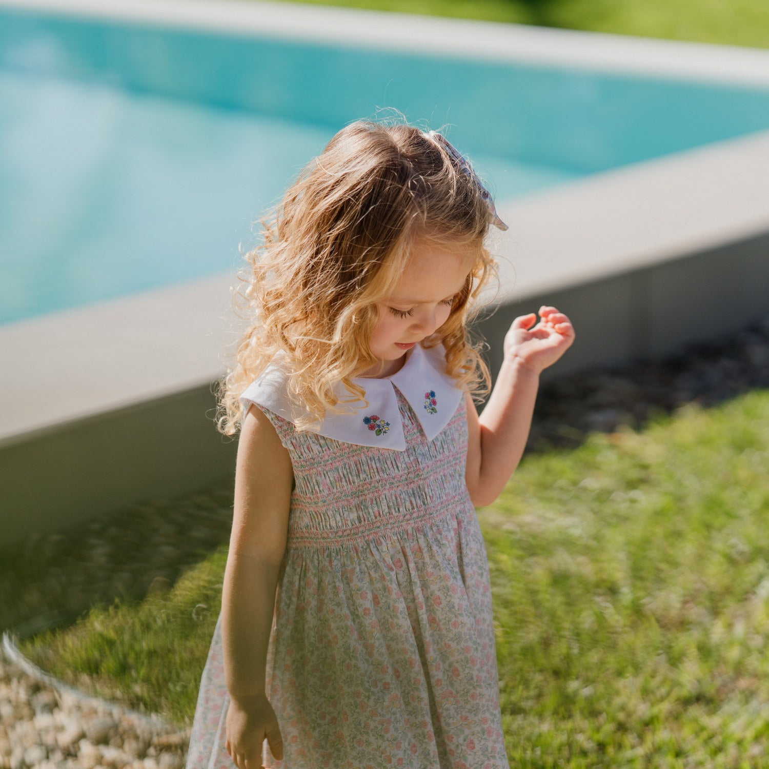 Girl Rosebud Green Hand Smocked Dress