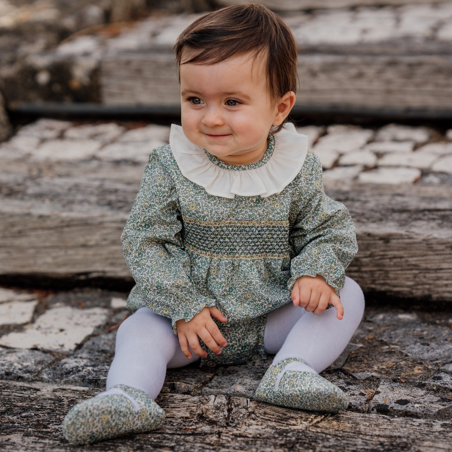Baby Katie & Millie Green Liberty Hand Smocked Romper