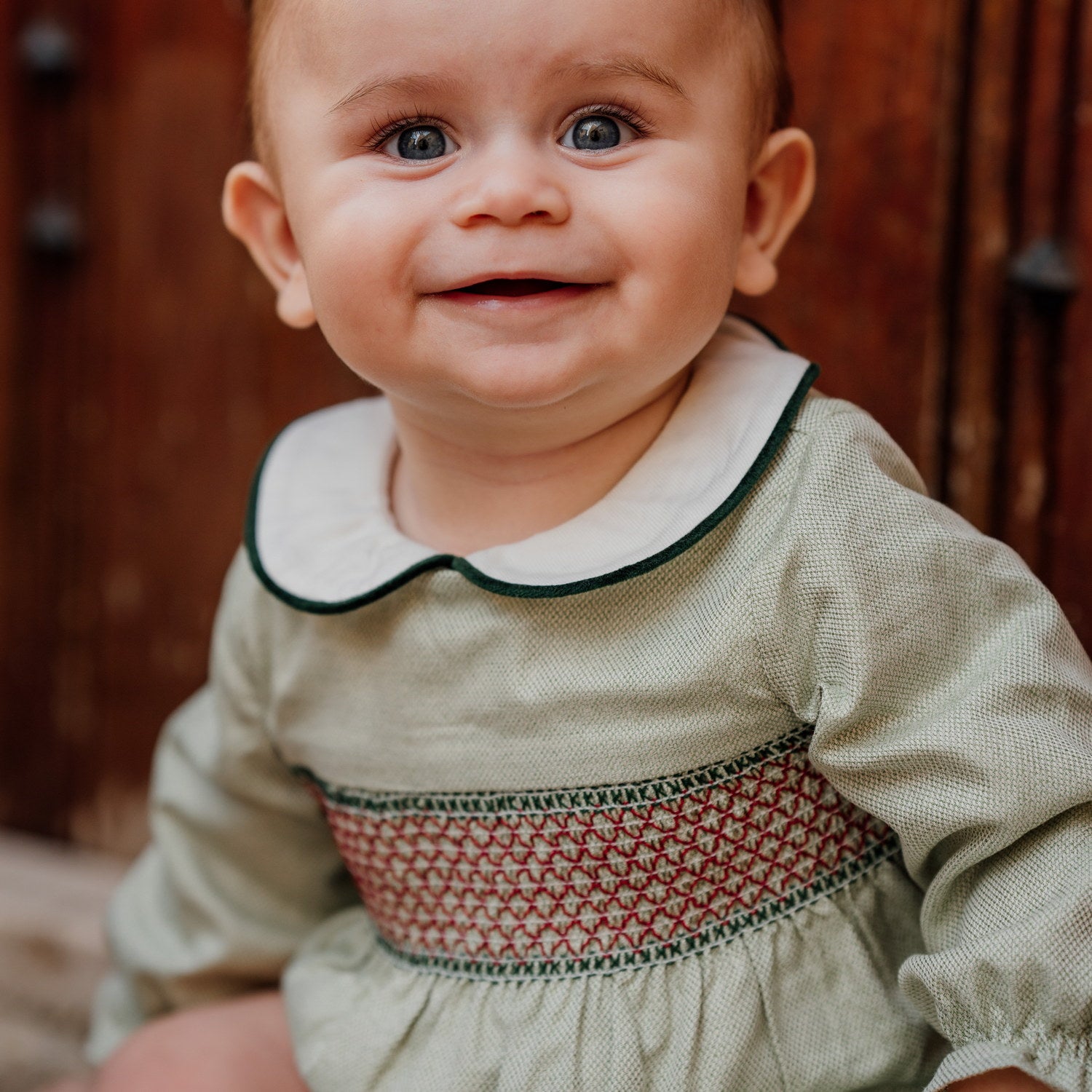 Baby Botanical Green Hand Smocked Romper