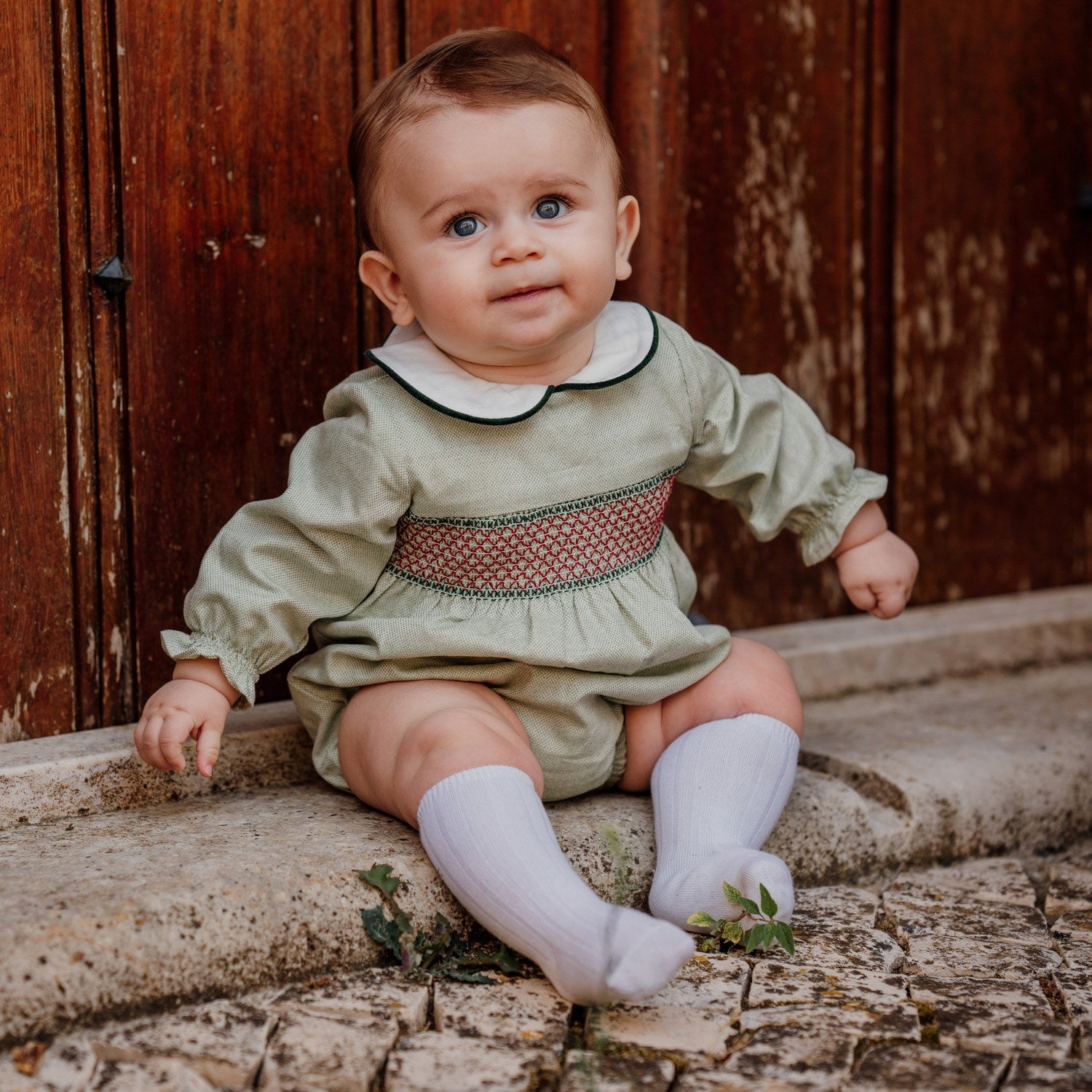 Baby Botanical Green Hand Smocked Romper