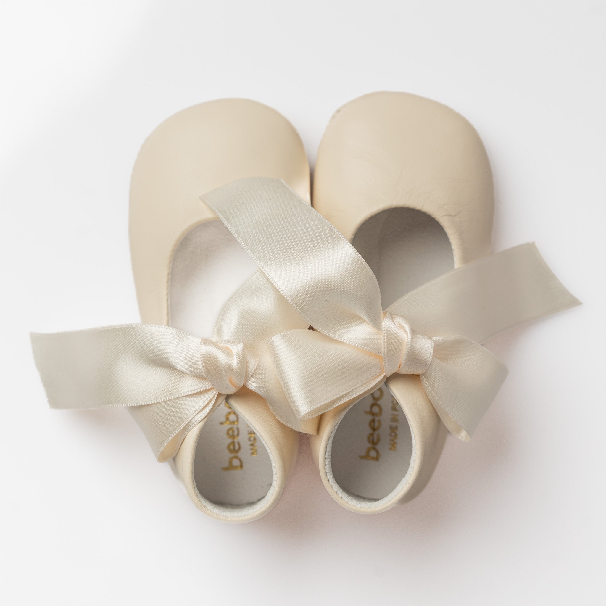 Baby Ivory Leather Mary Jane Pram Shoes with Satin Bow