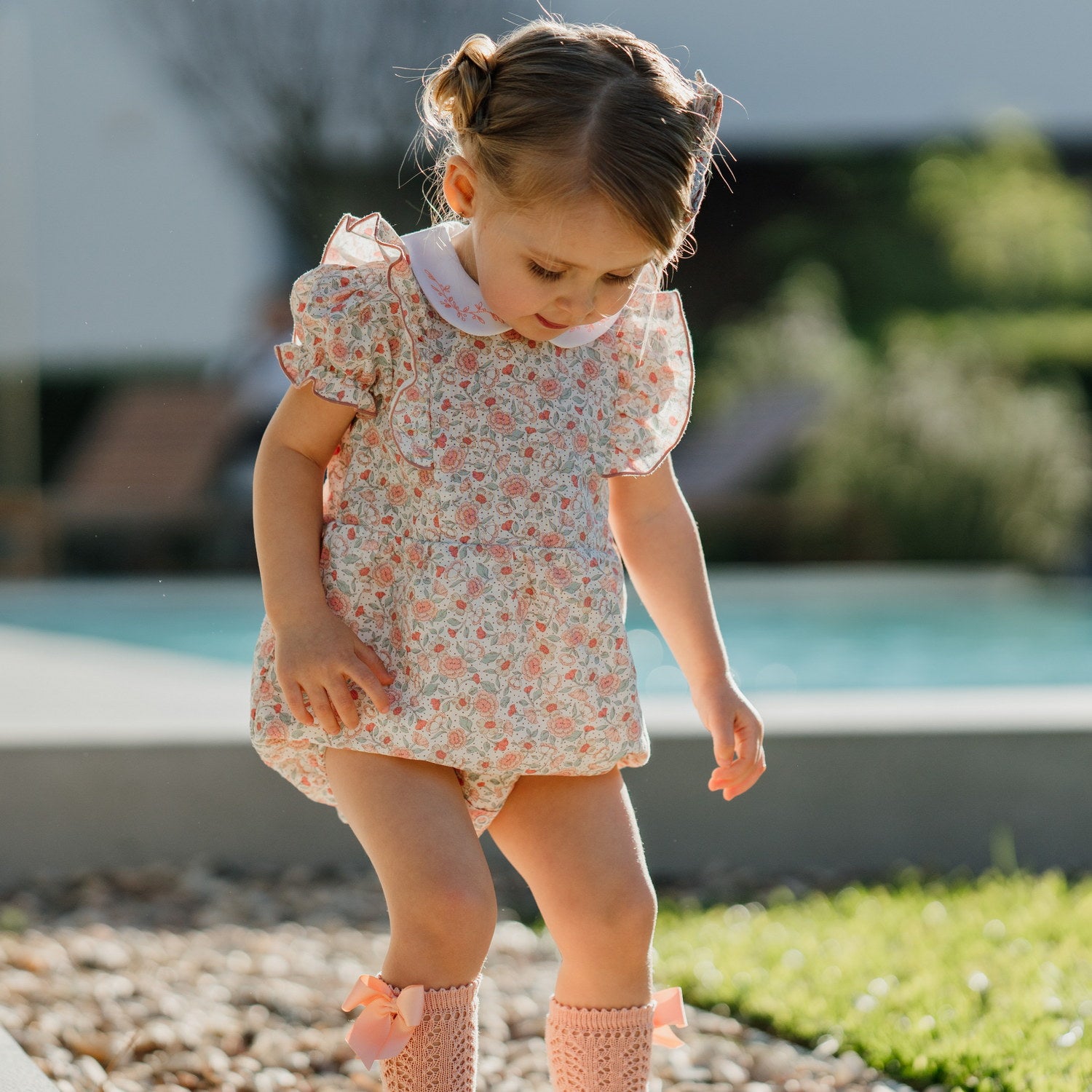 Baby Salmon Sage Floral Linen Ruffle Romper