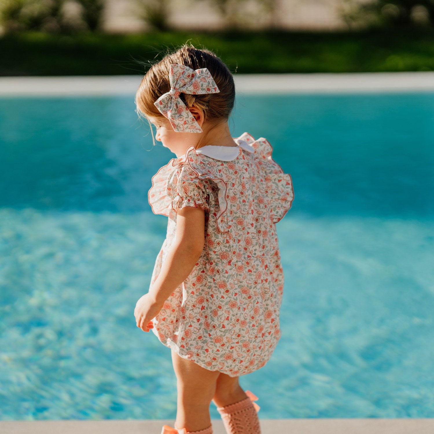 Baby Salmon Sage Floral Linen Ruffle Romper