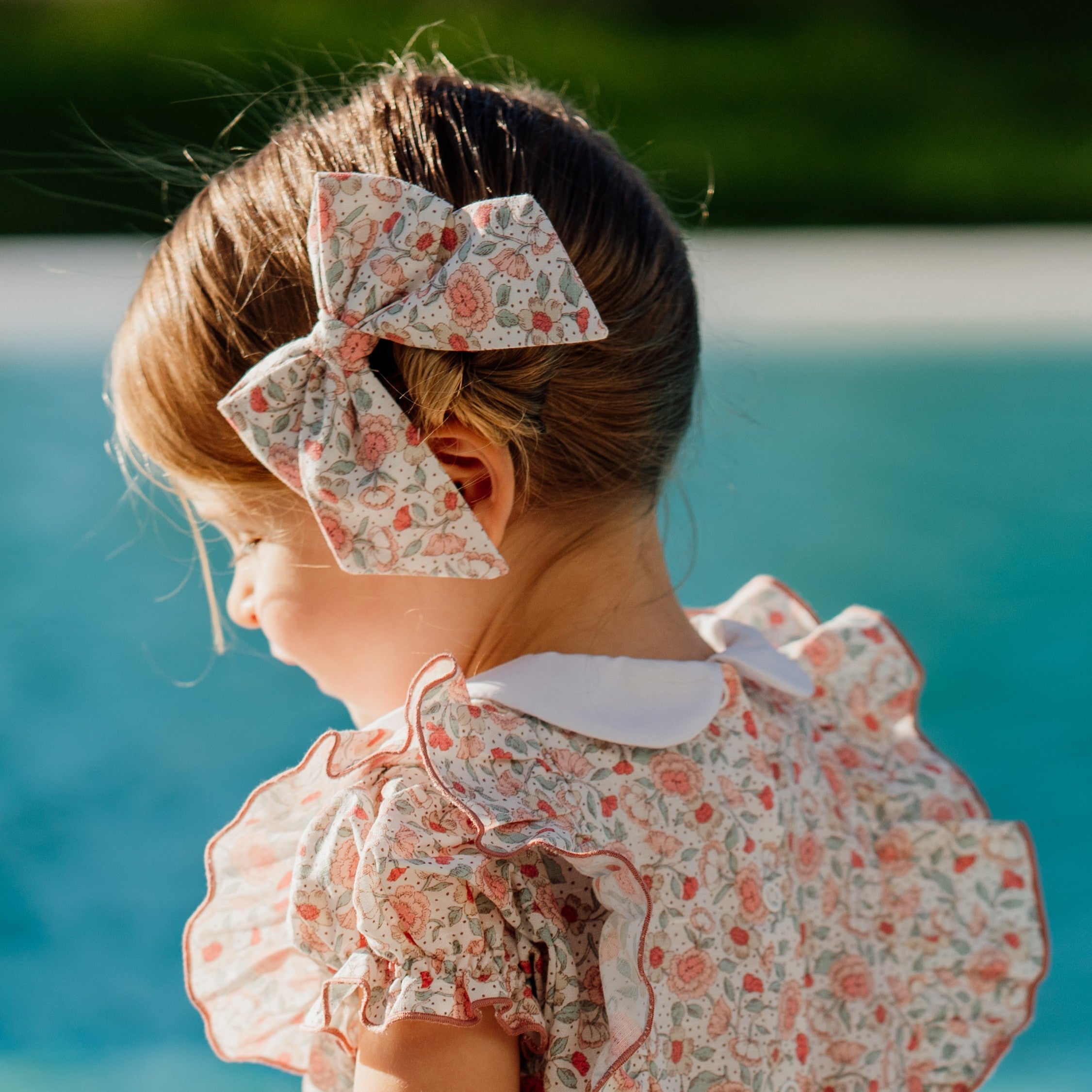 Girl Salmon Sage Floral Linen Long Bow Clip