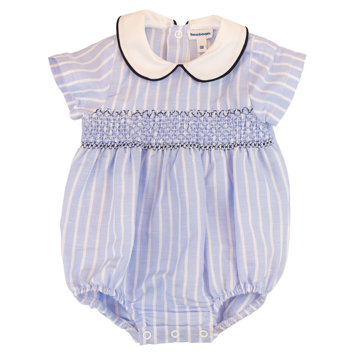 Baby Light Blue & White Stripe Linen Hand Smocked Romper