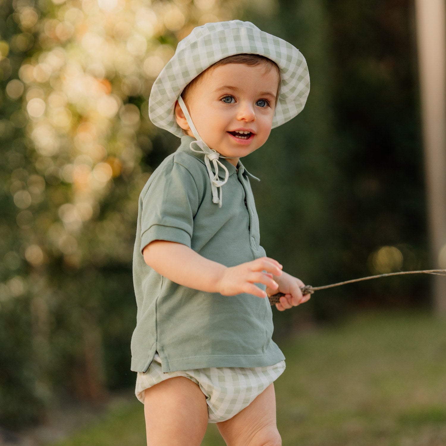 Boy Sage Gingham Linen Sun Hat