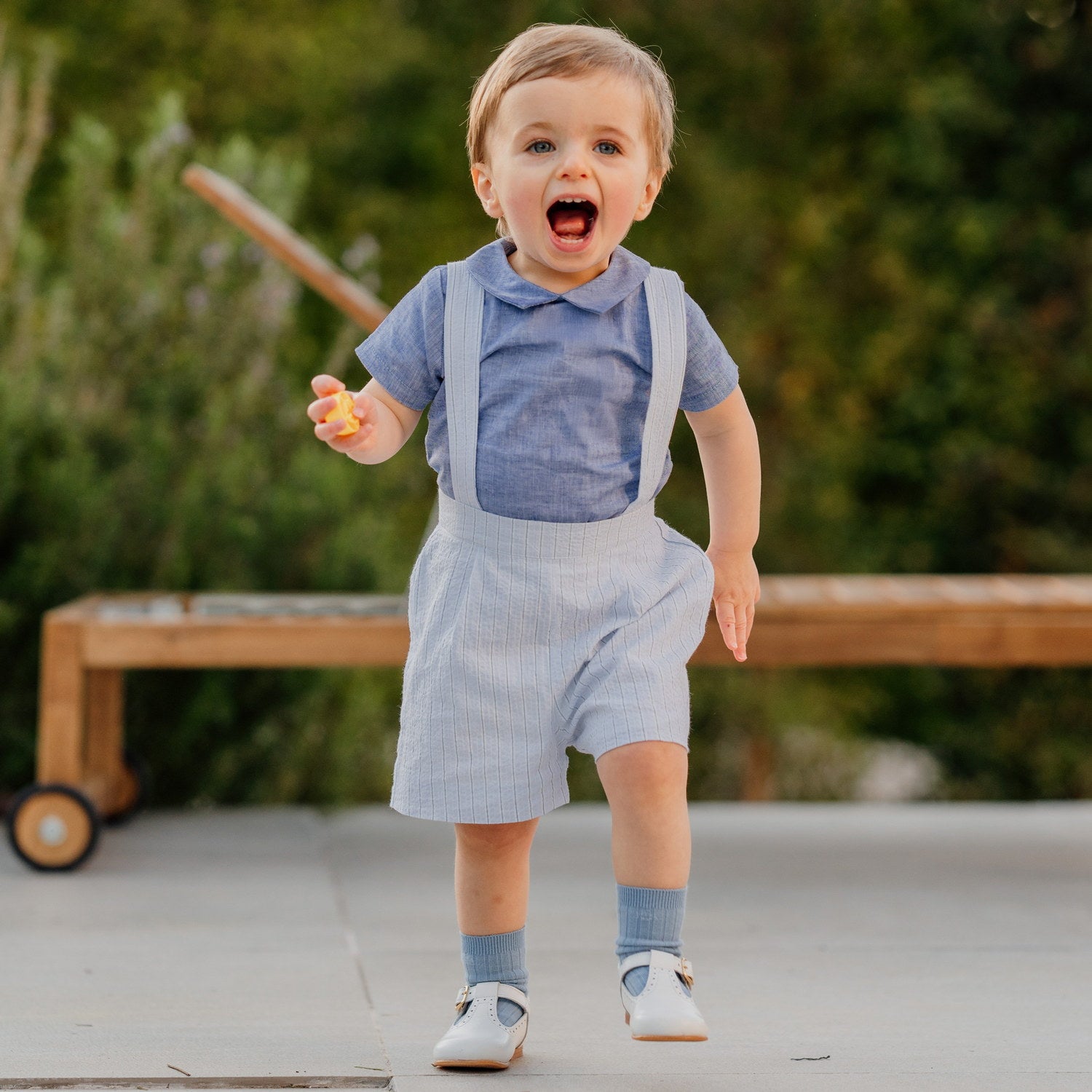 Baby Blue Stripe Seersucker Shorts with Braces