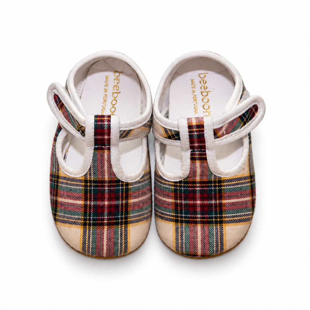 Baby Burgundy Tartan T-Bar Pram Shoes
