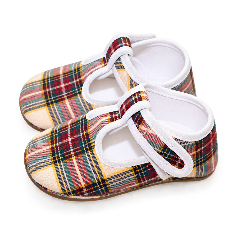 Baby Burgundy Tartan T-Bar Pram Shoes