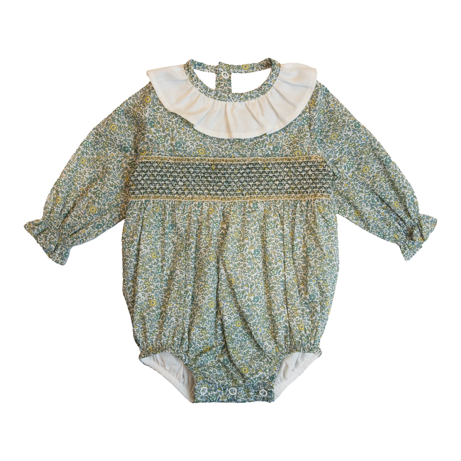 Baby Katie & Millie Green Liberty Hand Smocked Romper