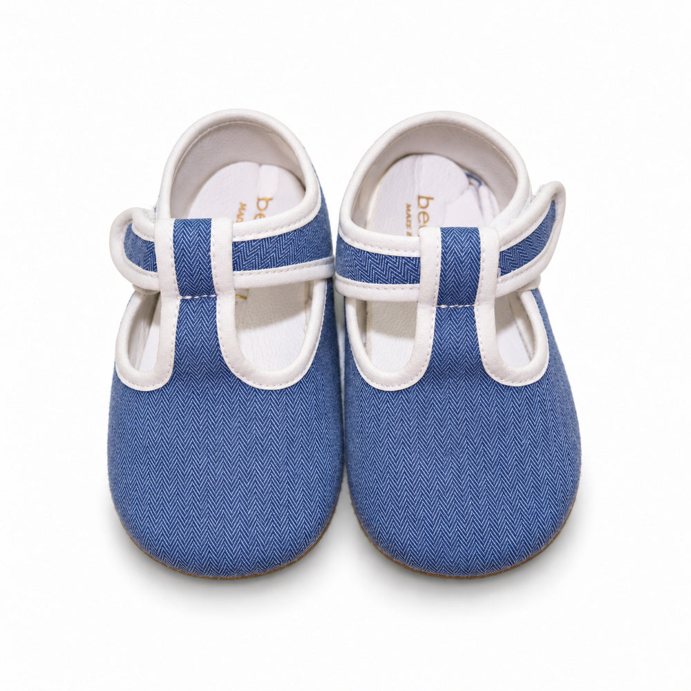 Baby Blue Flannel T-Bar Pram Shoes