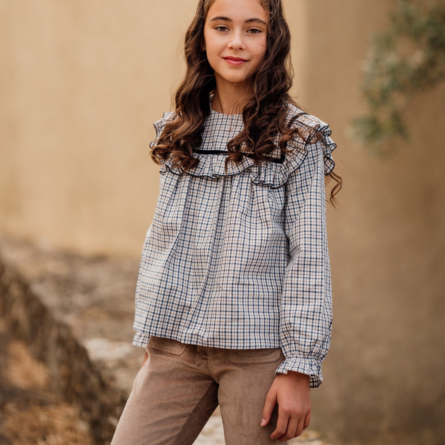 Girl Navy & Chestnut Check Blouse