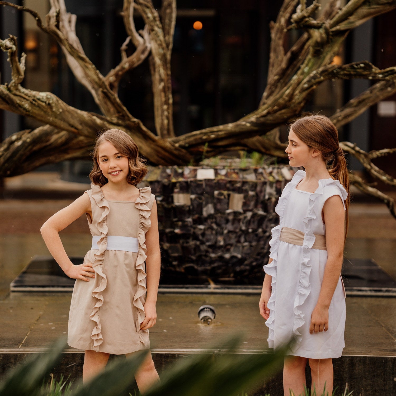 Girl White Linen Dress with Beige Sash