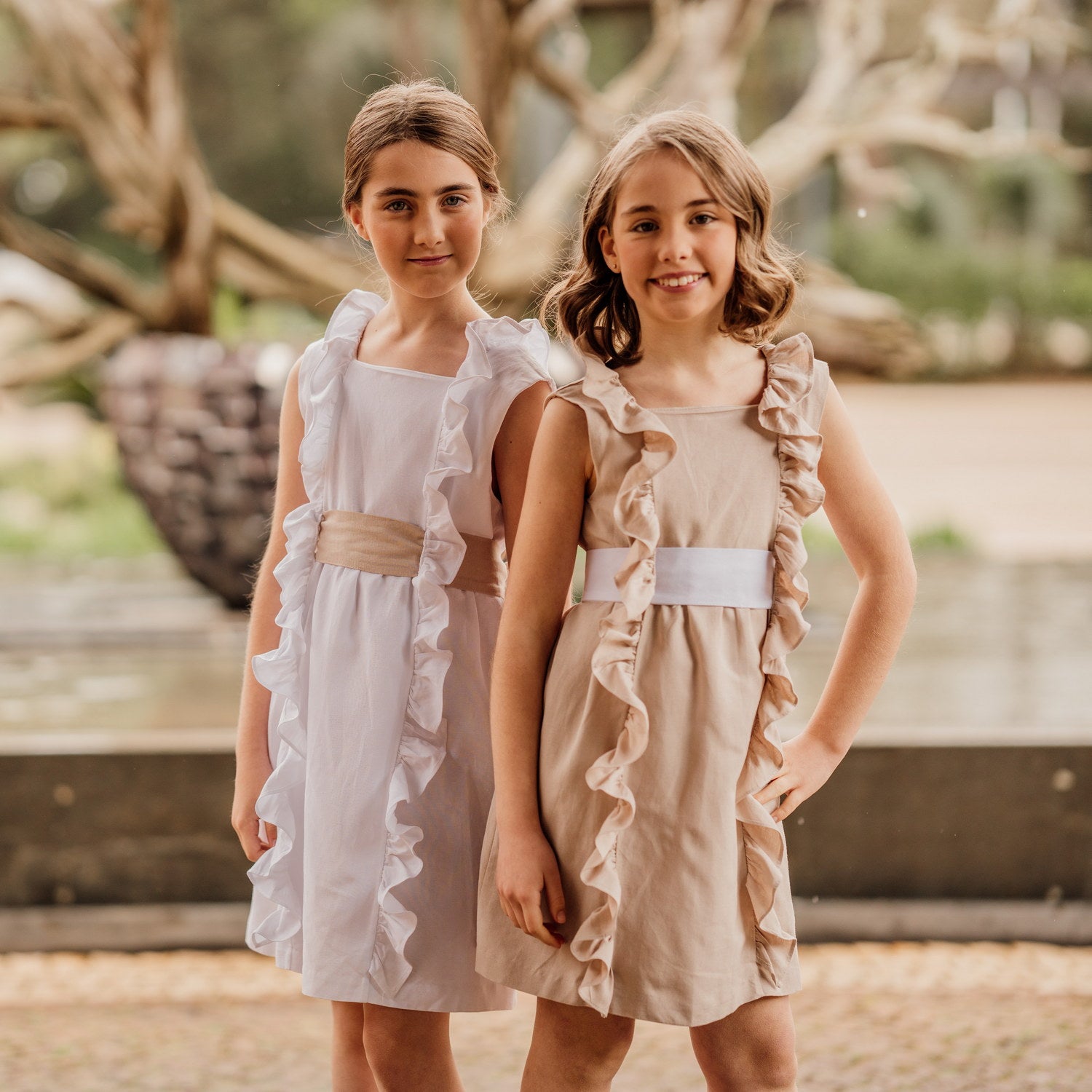 Girl Beige Linen Dress with White Sash