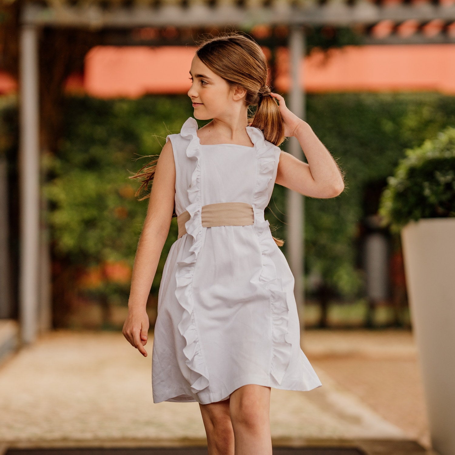 Girl White Linen Dress with Beige Sash