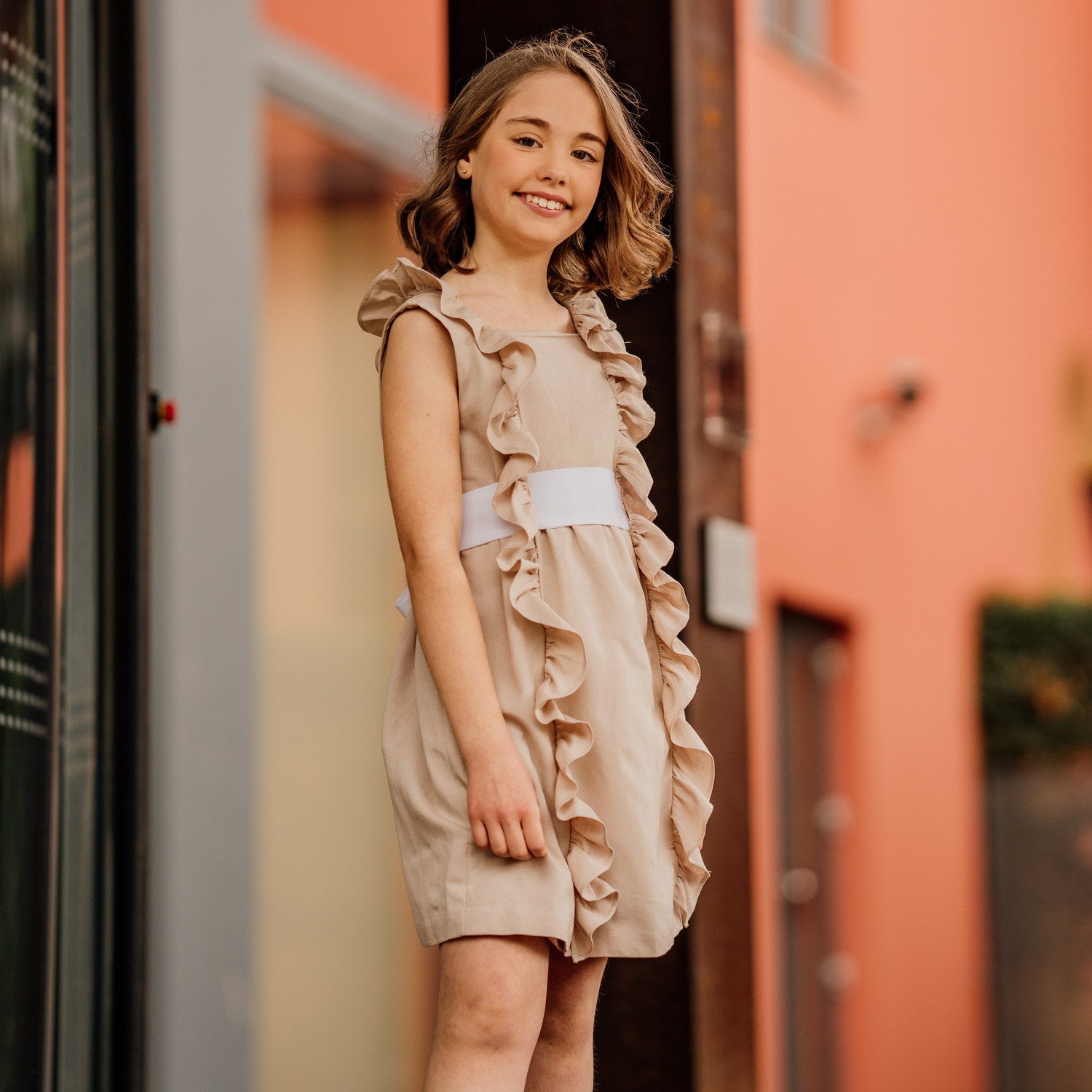 Girl Beige Linen Dress with White Sash