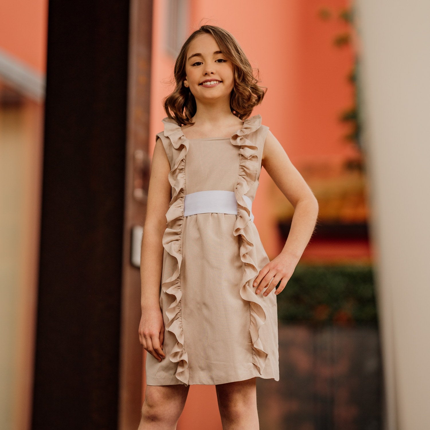 Girl Beige Linen Dress with White Sash