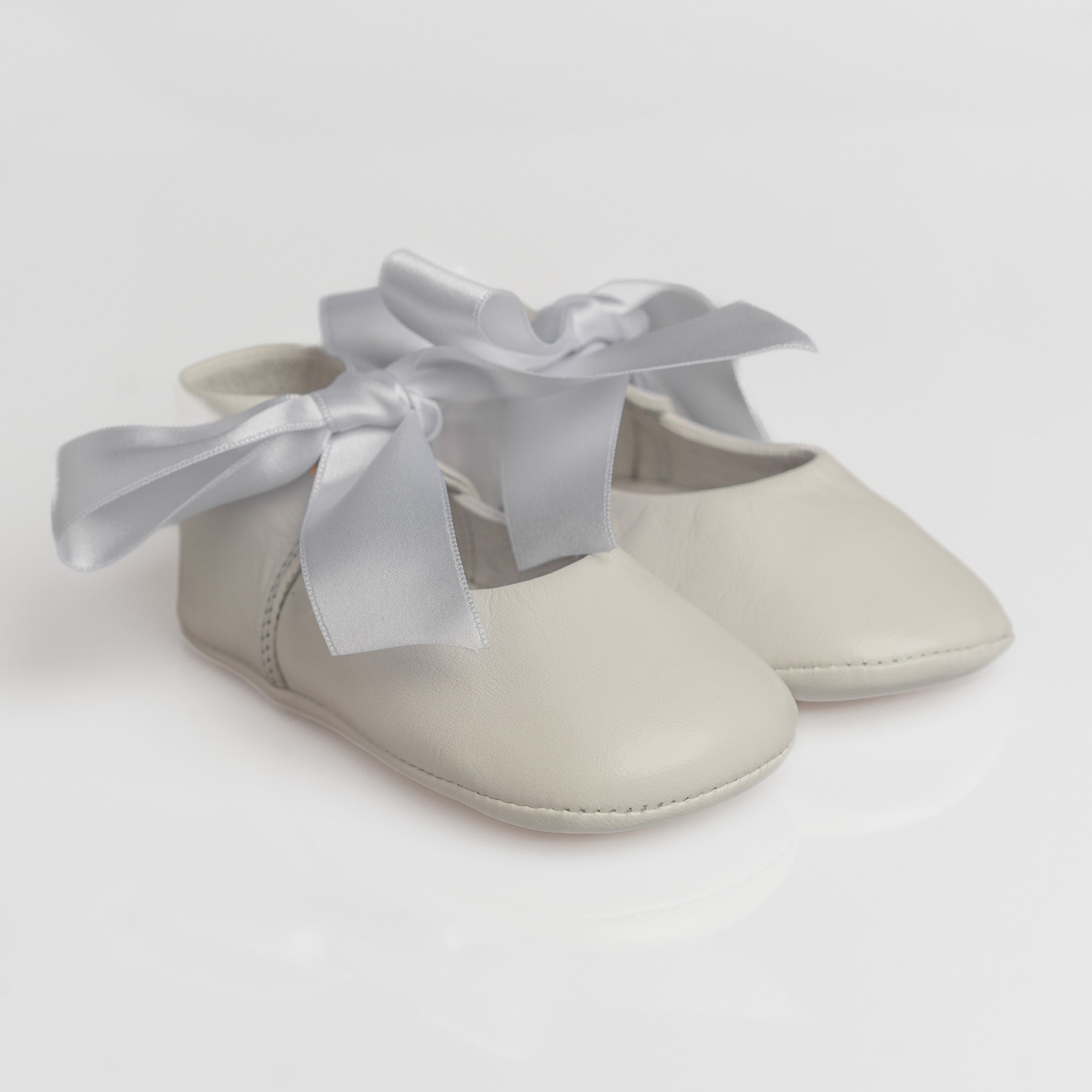 Baby White Leather Mary Jane Pram Shoes with Satin Bow