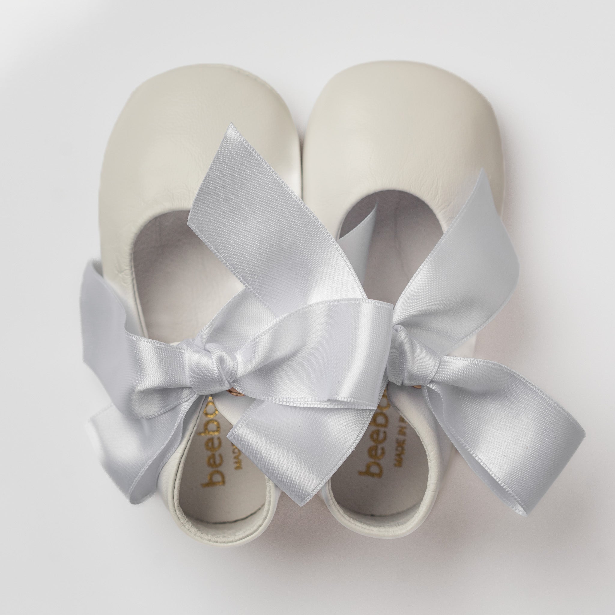 Baby White Leather Mary Jane Pram Shoes with Satin Bow