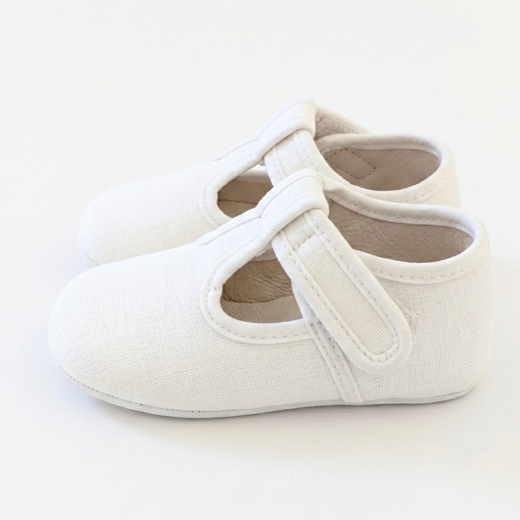 Baby Champagne Linen T-Bar Pram Shoes