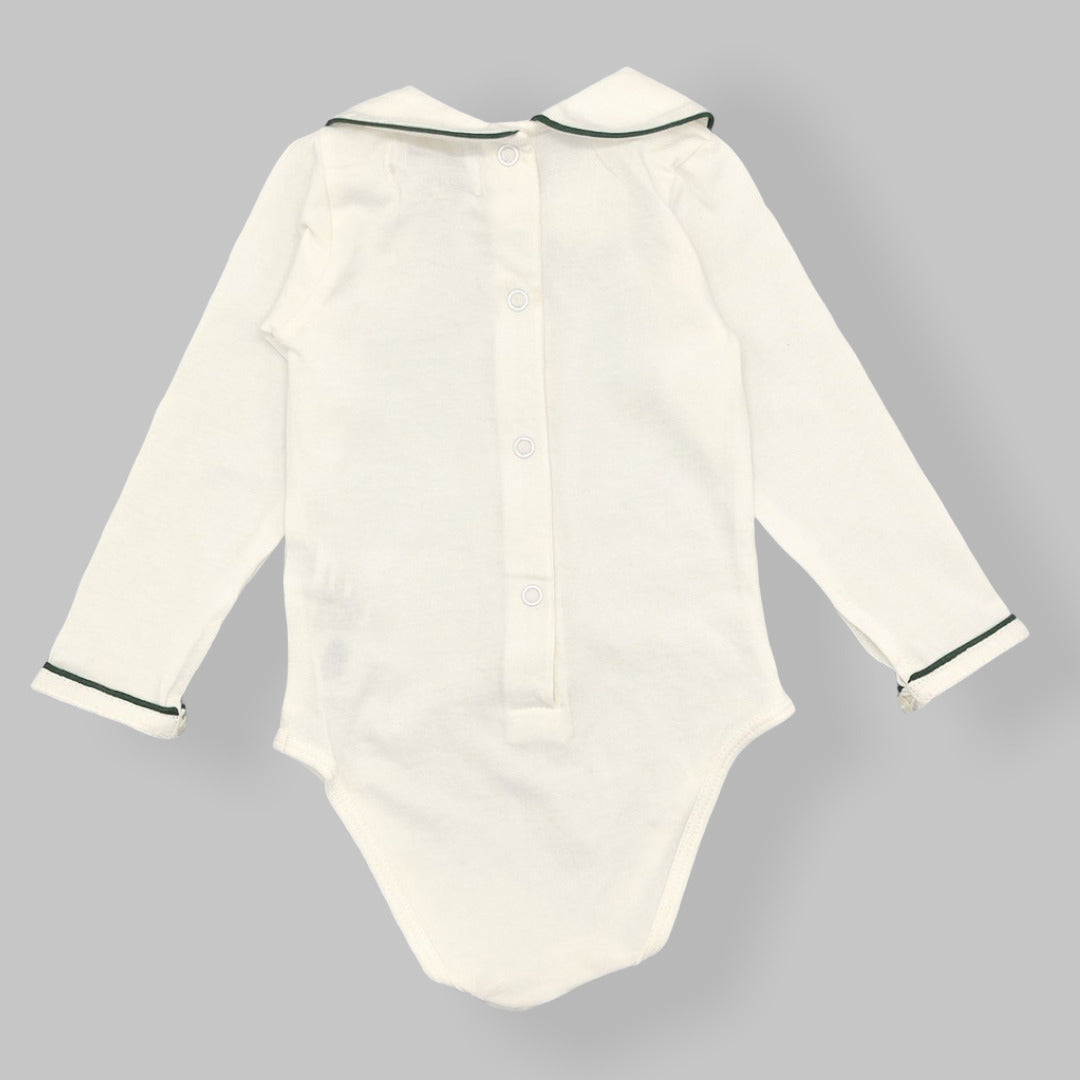 Baby White Cotton Green Trim Bodysuit
