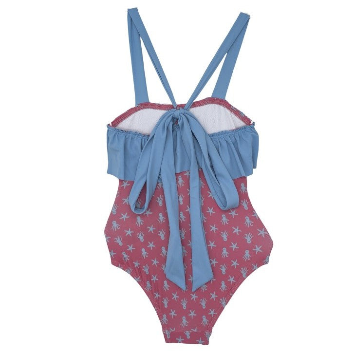 Girl Octopus & Star Fish Strawberry With Blue Ruffle Swimsuit