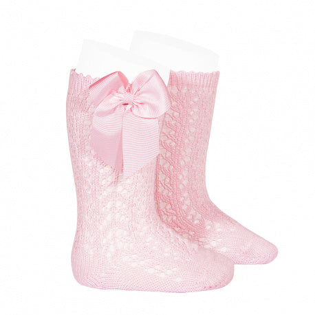 Condor Light Pink Openwork Knee High Socks with Bow