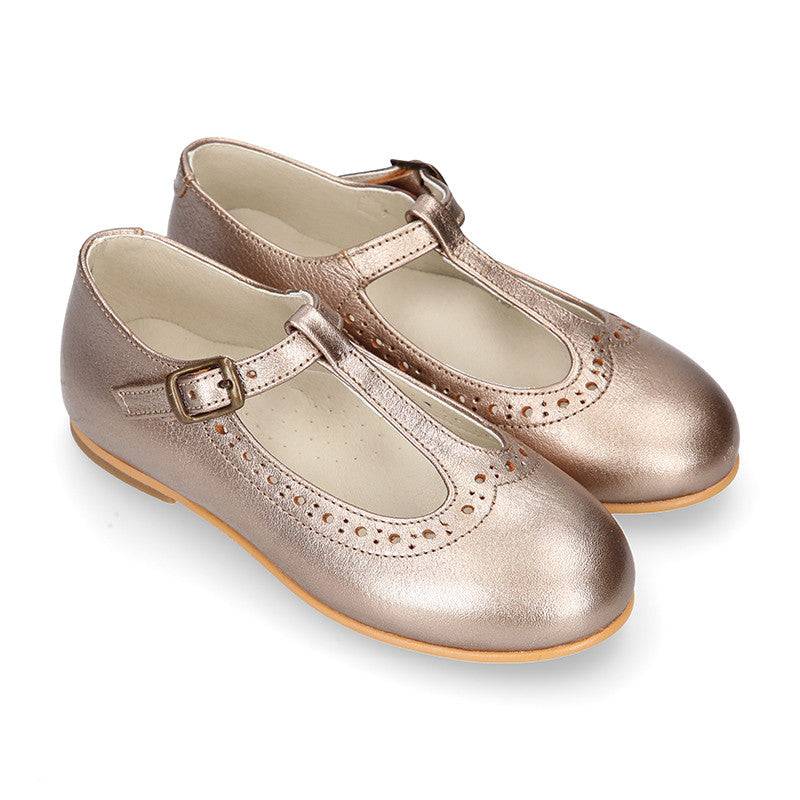 Girl Gold Metallic T-Bar Mary Jane Shoes