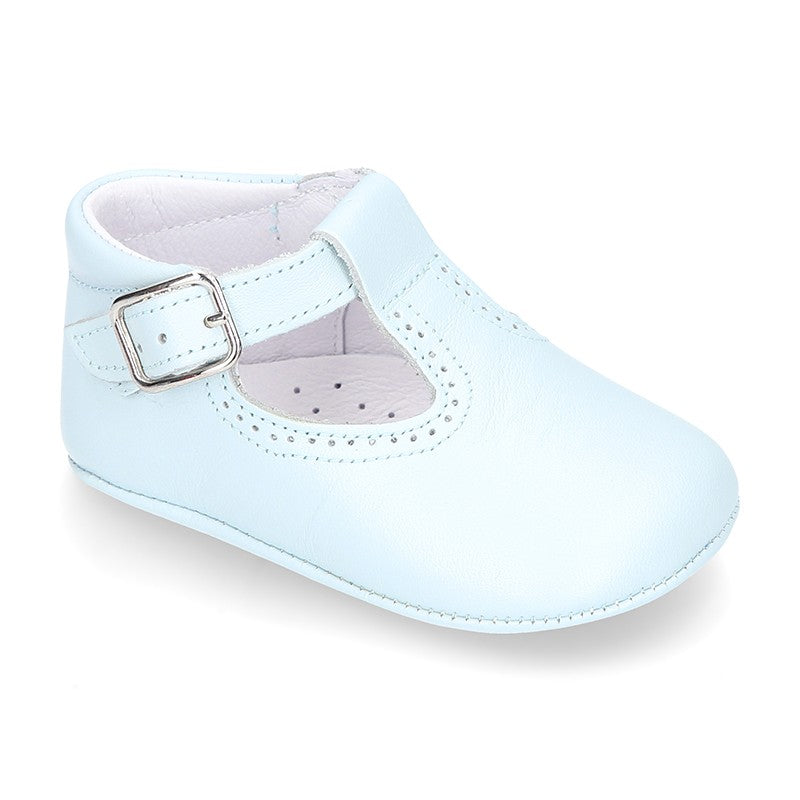 Classic Sky Blue Leather T-Bar Pram Shoes