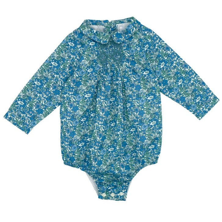 Baby Blue & Green Floral Hand Smocked Romper