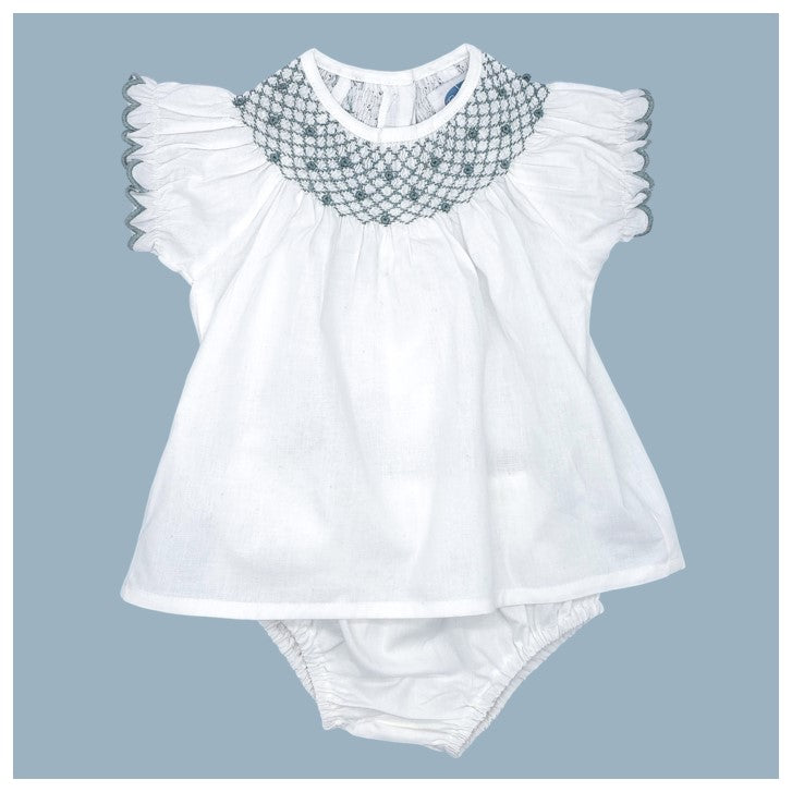 Baby Green Embroidered White Hand Smocked Set