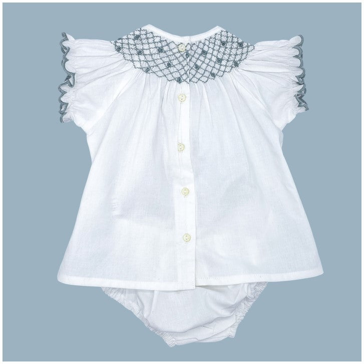 Baby Green Embroidered White Hand Smocked Set