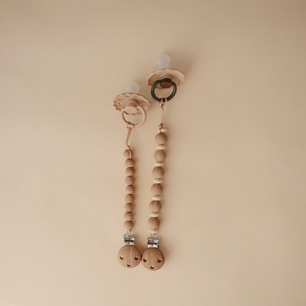 Mushie Pacifier Clips Luna Faux Wood